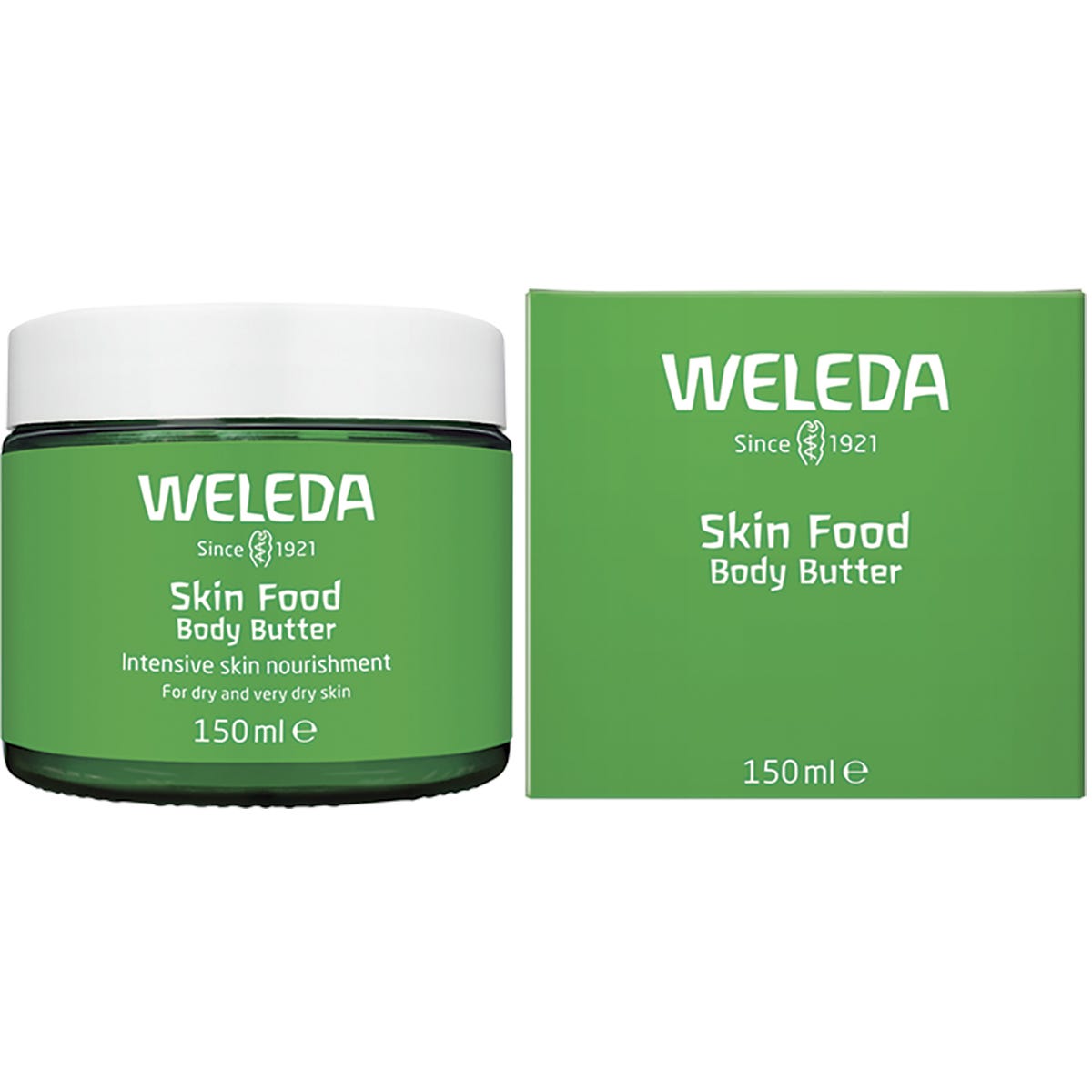 Weleda Skin Food Body Butter 150ml glass jar and green box with botanical ingredients on a white background.