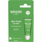 Green retail box for Weleda Skin Food Lip Balm 8ml featuring a botanical design on a white background.