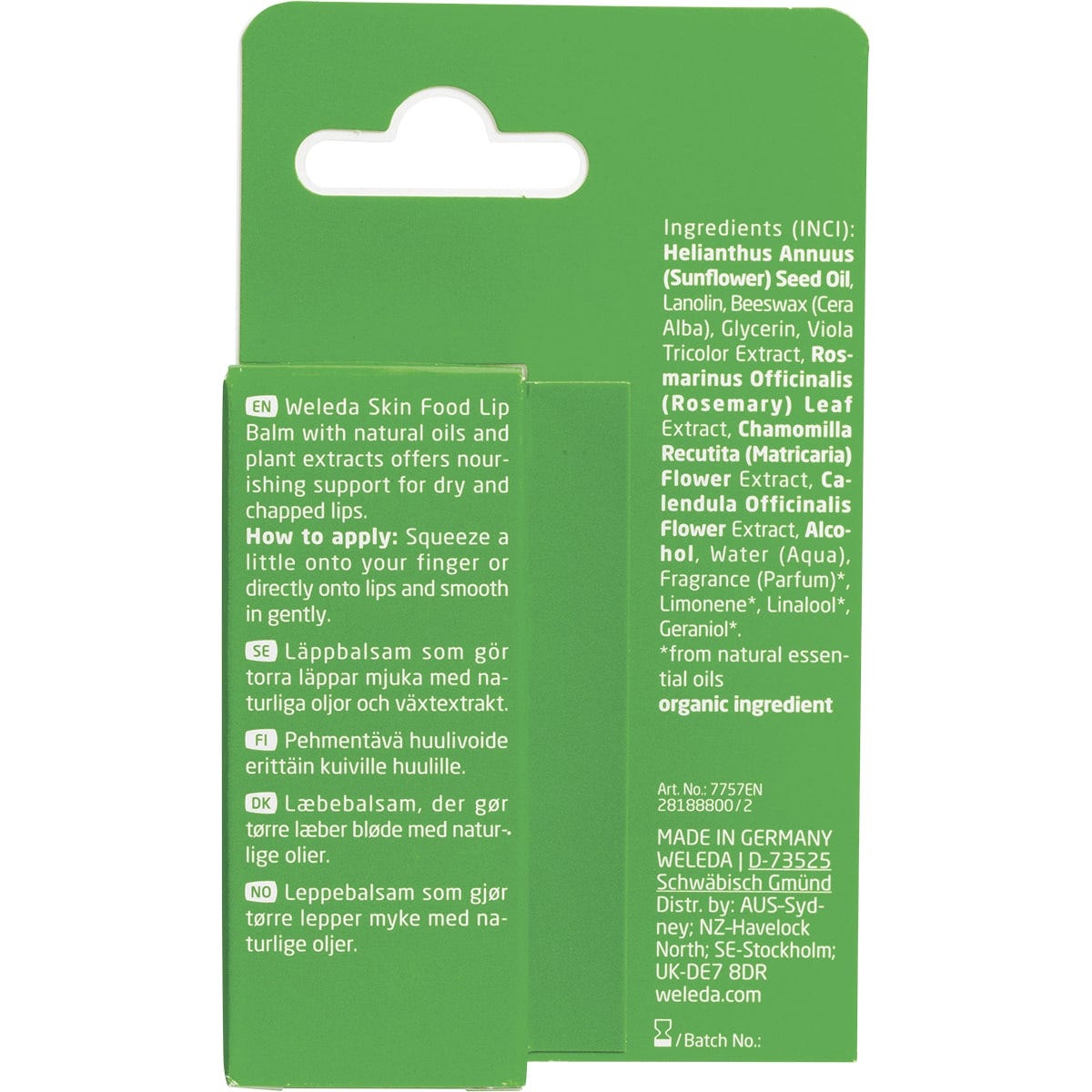 Back of Weleda Skin Food Lip Balm box with ingredients, usage directions, and certified natural logos.