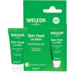 8ml tube and box of Weleda Skin Food Lip Balm, featuring a green design with botanical extracts for dry lip repair.