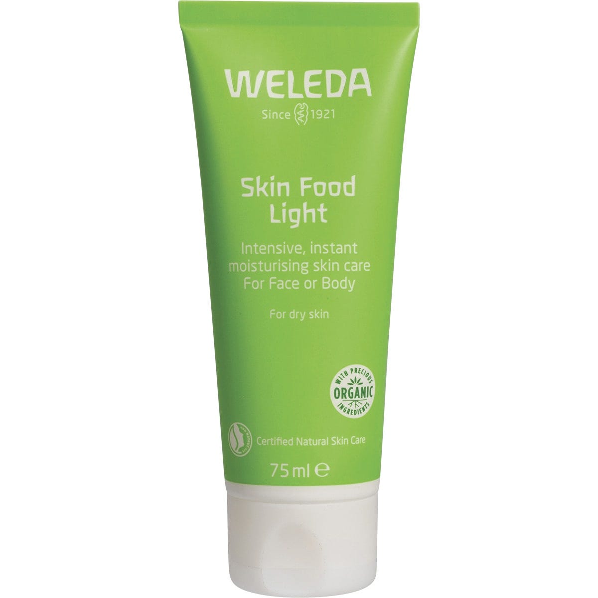 Weleda Skin Food Light 75ml green tube with botanical illustrations on a white background.