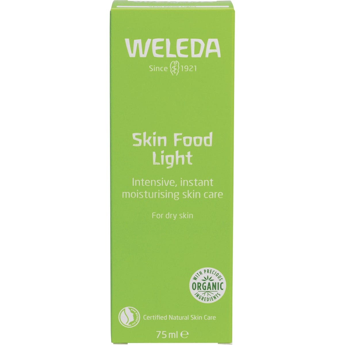 Green Weleda Skin Food Light 75ml box with botanical illustrations of pansy, chamomile, and calendula on white background.