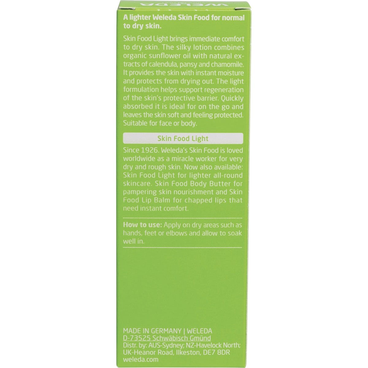 Back of Weleda Skin Food Light 75ml box with ingredients, usage directions, and certified natural labels.