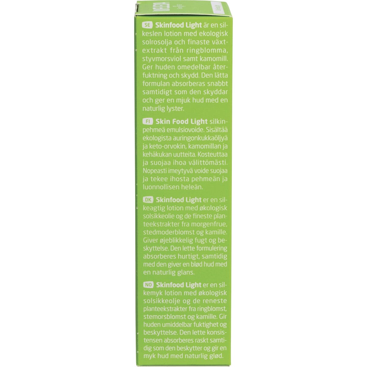 Left side of a Weleda Skin Food Light 75ml box showing product description and usage instructions.