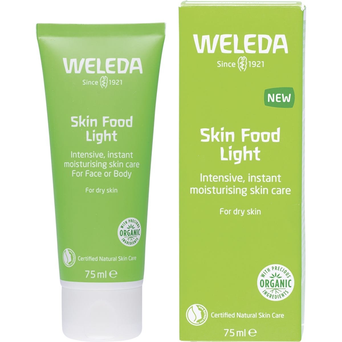 Weleda Skin Food Light 75ml tube and matching green box featuring botanical illustrations on a white background.