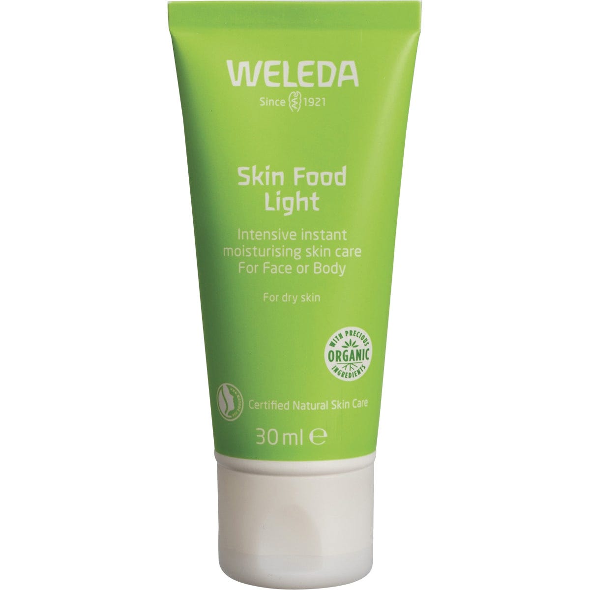 Green Weleda Skin Food Light 30ml tube with white and yellow text, featuring a plant illustration on a white background.