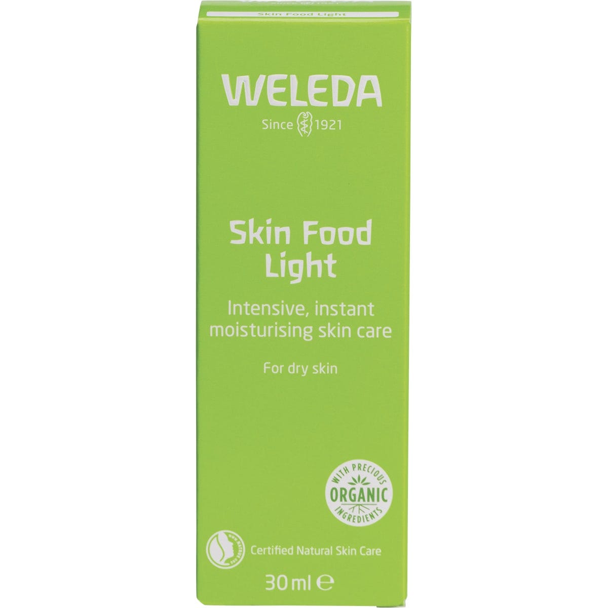 Green box for Weleda Skin Food Light 30ml with white and yellow text and a plant illustration on a white background.