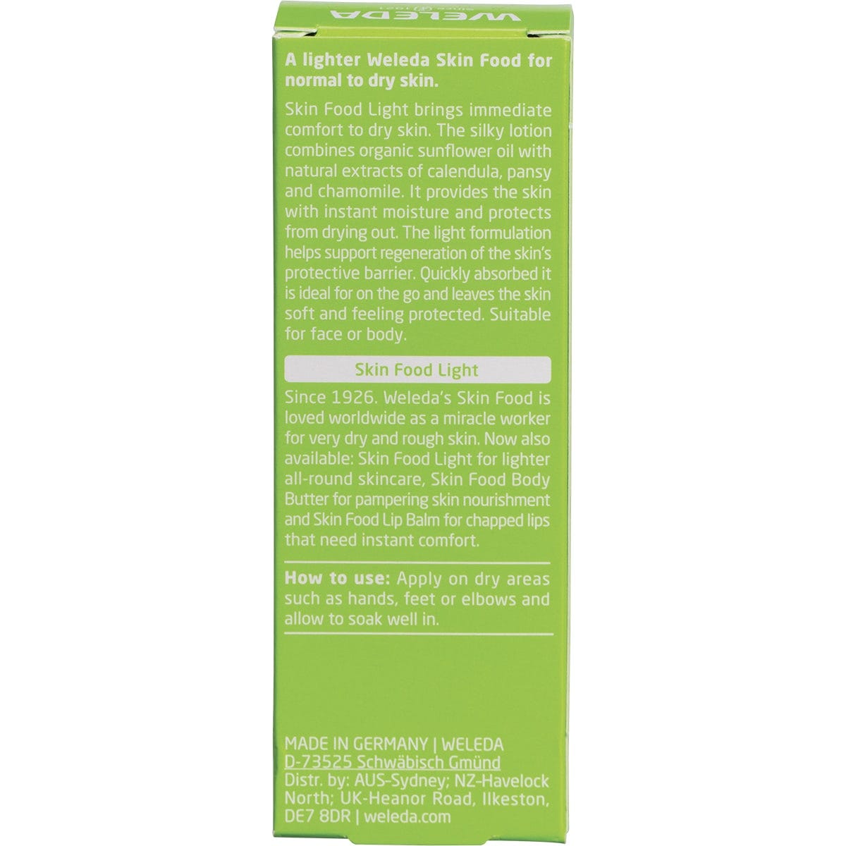 Back of Weleda Skin Food Light 30ml box with nutrition facts, ingredients, and certification logos on a white background.