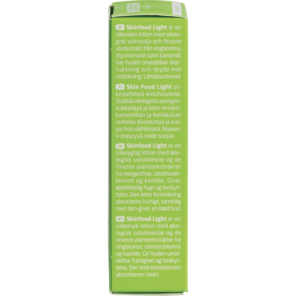 Left side of a green Weleda Skin Food Light 30ml box showing product description and natural certification logos.