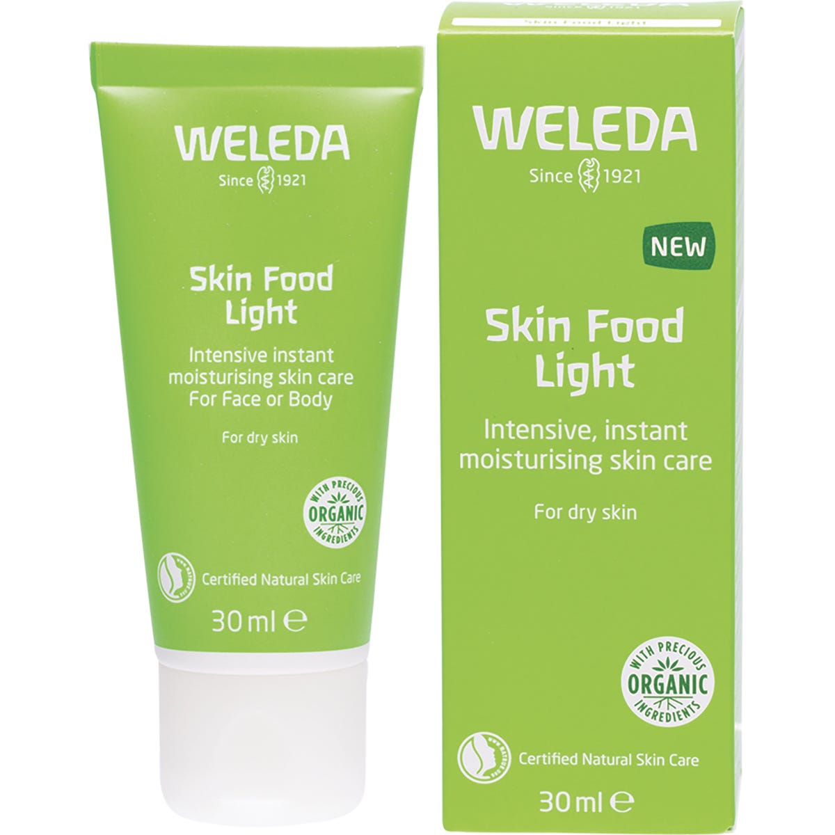 Weleda Skin Food Light 30ml tube and matching green box, featuring white and yellow text with a plant illustration.