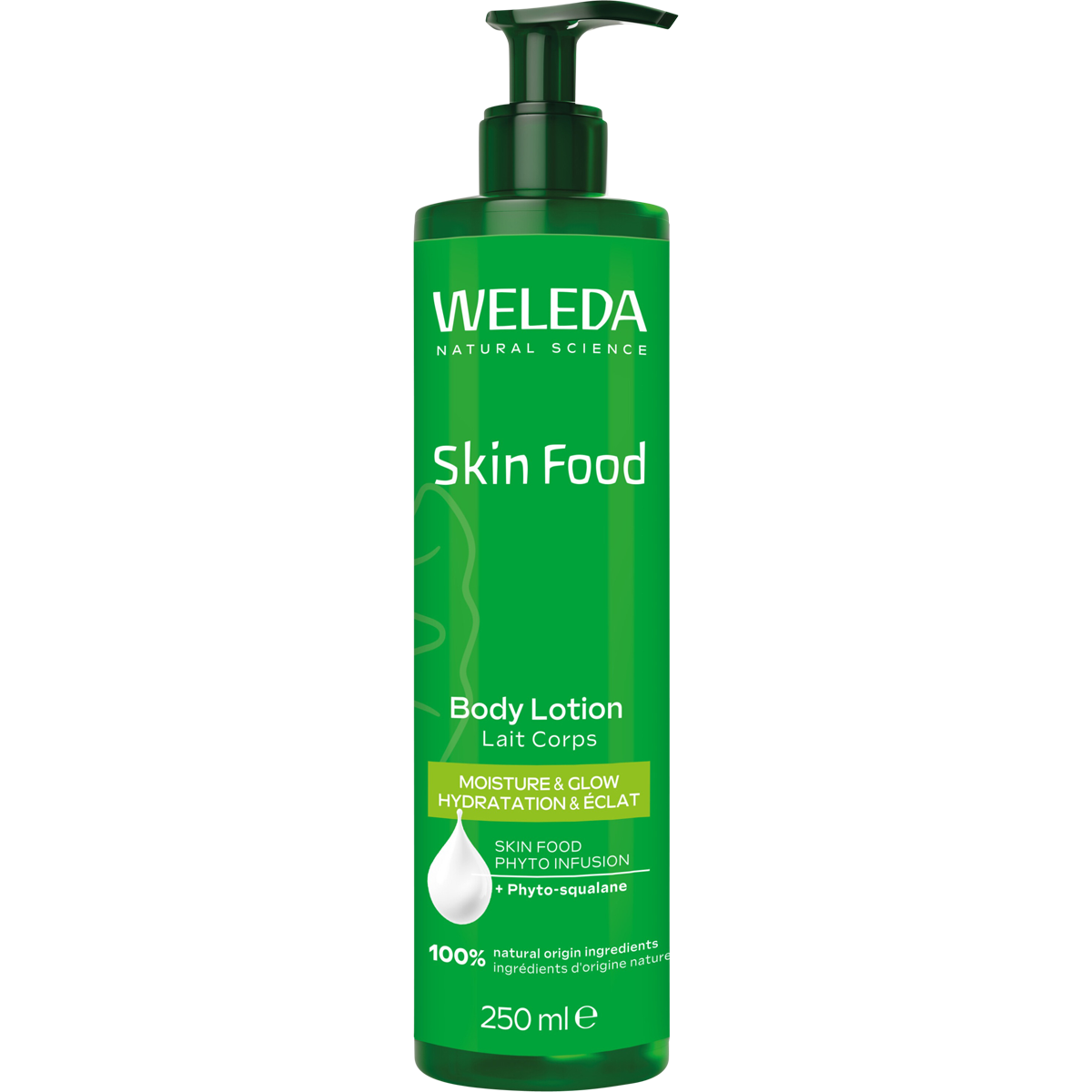 Weleda Skin Food Body Lotion 250ml in a green pump bottle.