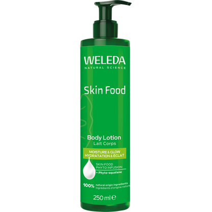 Weleda Skin Food Body Lotion 250ml in a green pump bottle.
