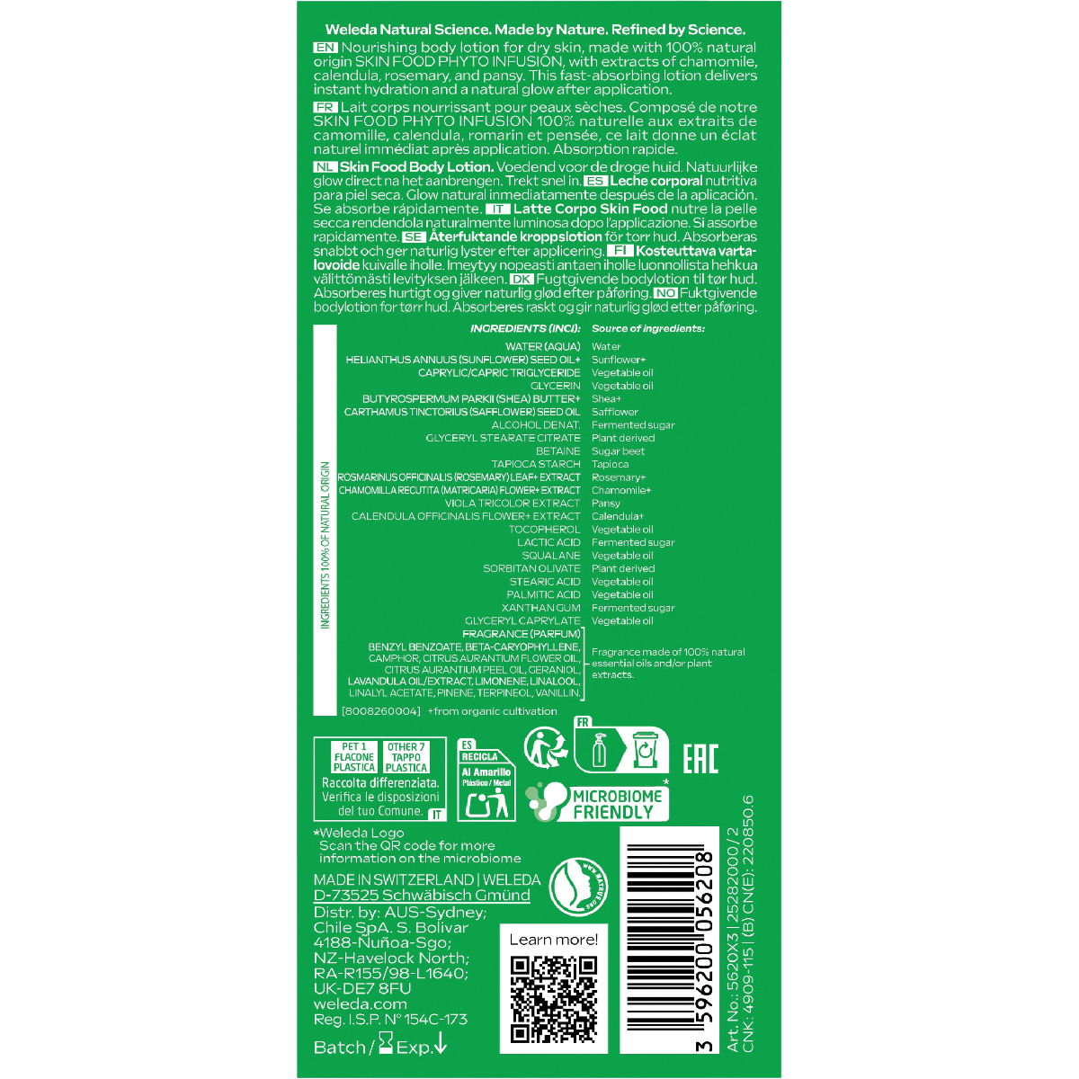 Back of Weleda Skin Food Body Lotion 250ml pump bottle with ingredients and usage instructions.