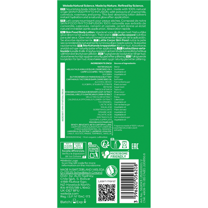 Back of Weleda Skin Food Body Lotion 250ml pump bottle with ingredients and usage instructions.