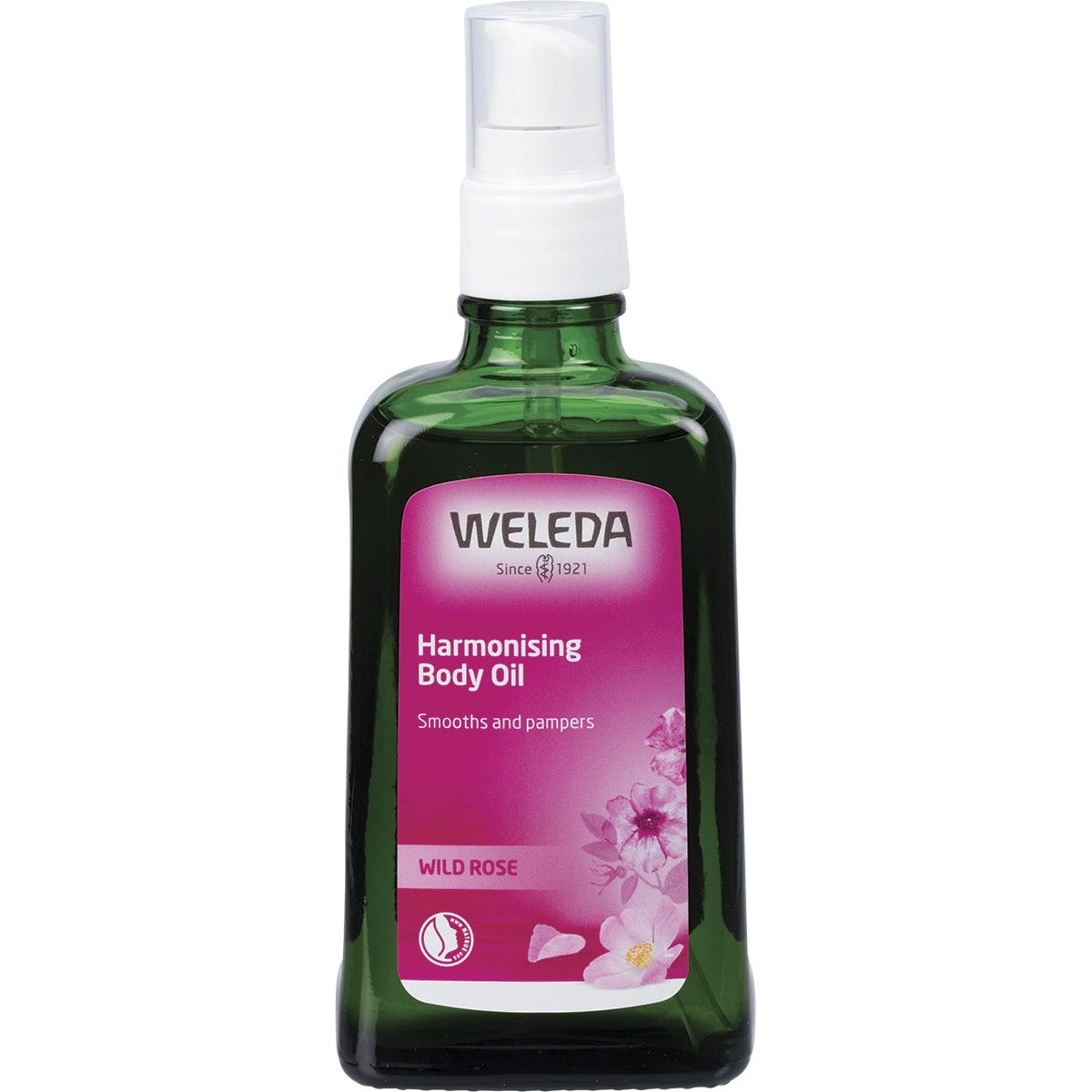 100ml glass bottle of Weleda Wild Rose Harmonising Body Oil with a pump dispenser and pink label.