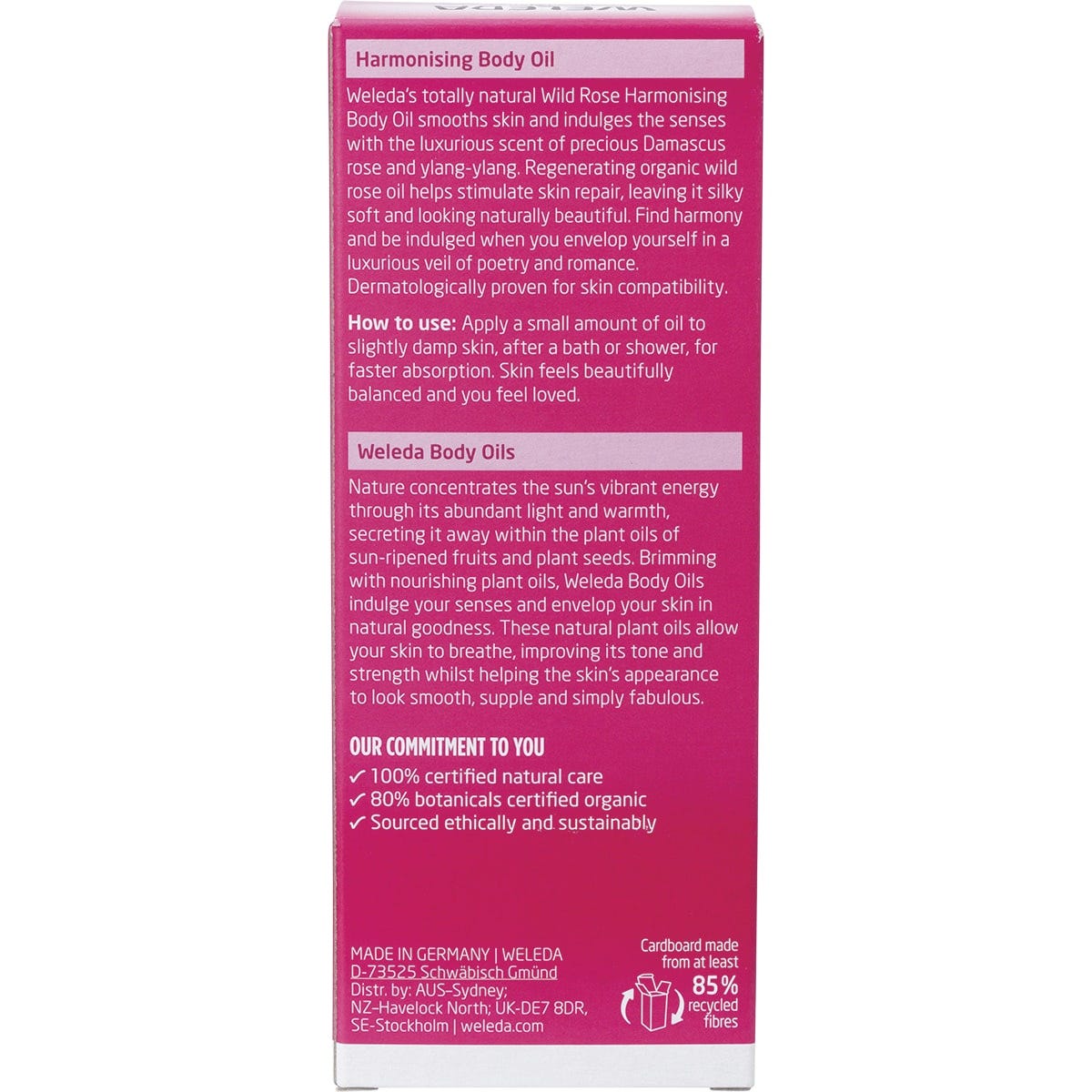 Back of Weleda Wild Rose Body Oil box showing ingredients, product benefits, and NaTrue certification.