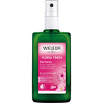 100ml glass bottle of Weleda Floral Fresh Wild Rose Deodorant Spray with a pump dispenser on a white background.