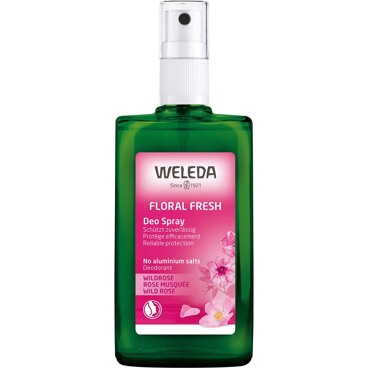100ml glass bottle of Weleda Floral Fresh Wild Rose Deodorant Spray with a pump dispenser on a white background.