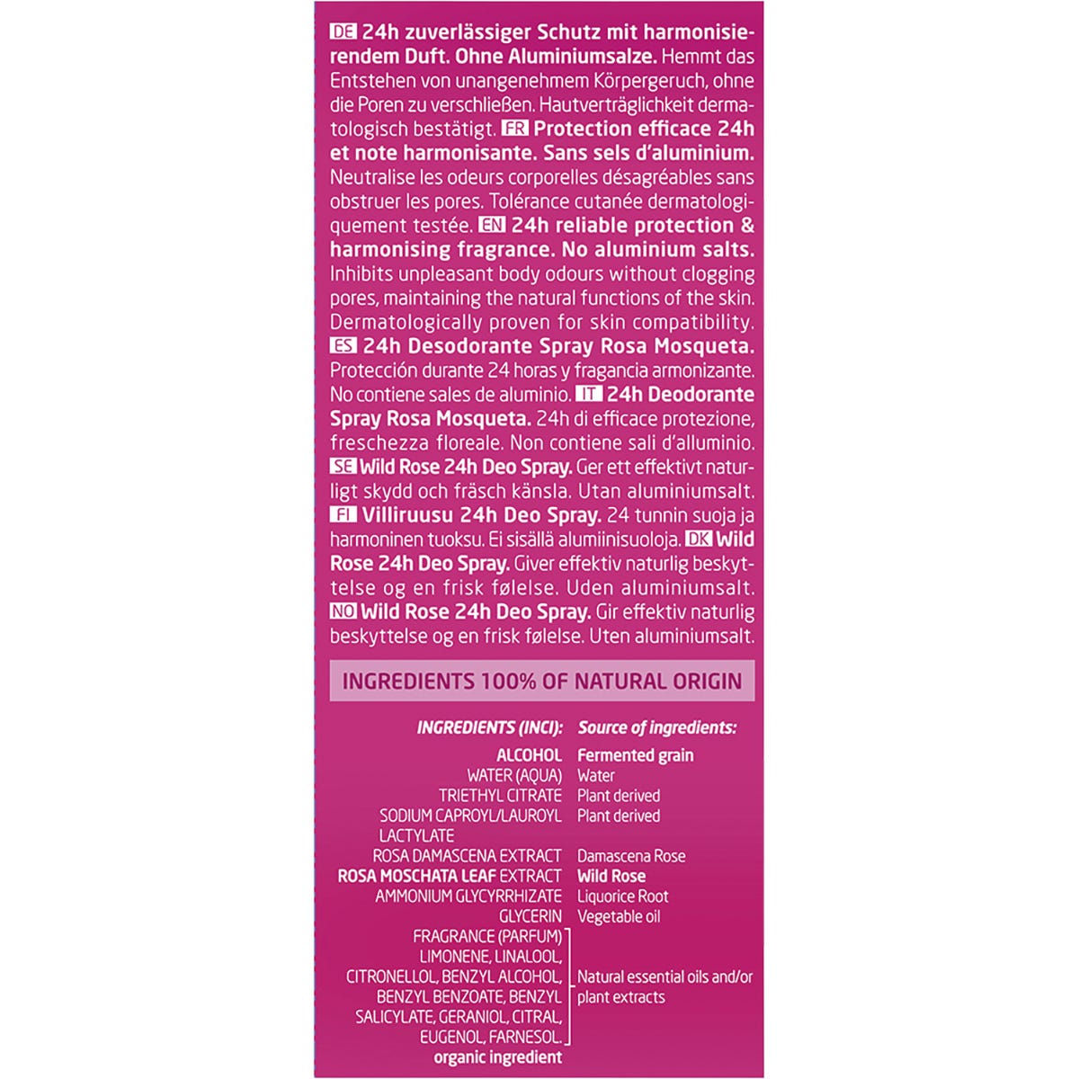 Back of Weleda Wild Rose Deodorant box with ingredients, directions, and natural certification logos on a pink background.