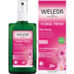 100ml glass bottle and packaging box for Weleda Floral Fresh Wild Rose Deodorant Spray.