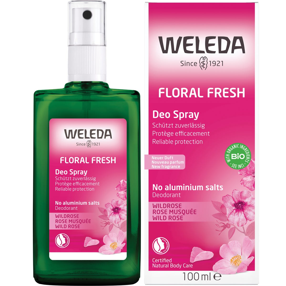 100ml glass bottle and packaging box for Weleda Floral Fresh Wild Rose Deodorant Spray.