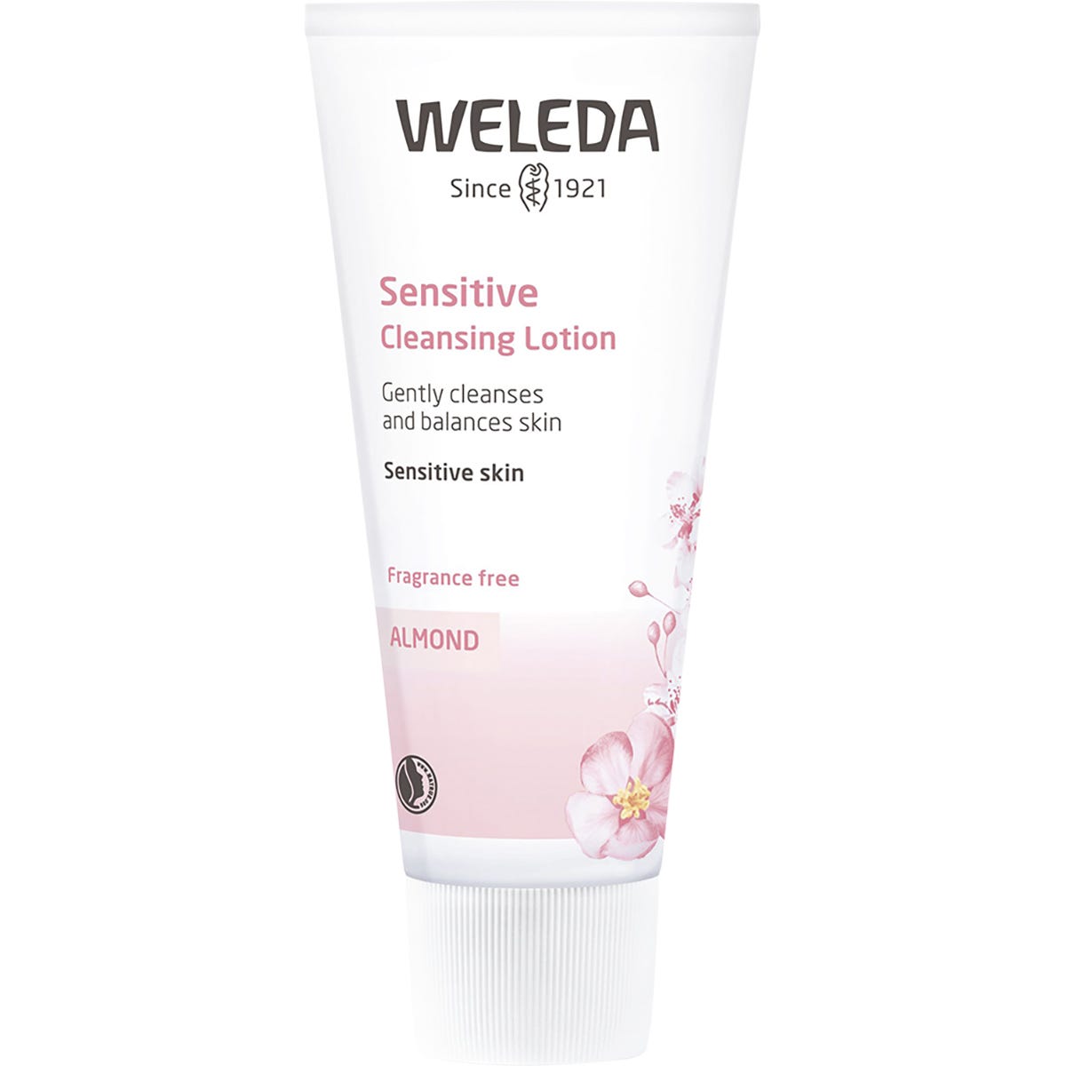 A 75ml pink and white tube of Weleda Sensitive Cleansing Lotion with Almond.