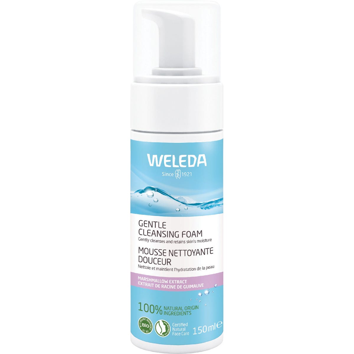 150ml bottle of Weleda Gentle Cleansing Foam with witch hazel and a pump dispenser on a white background.