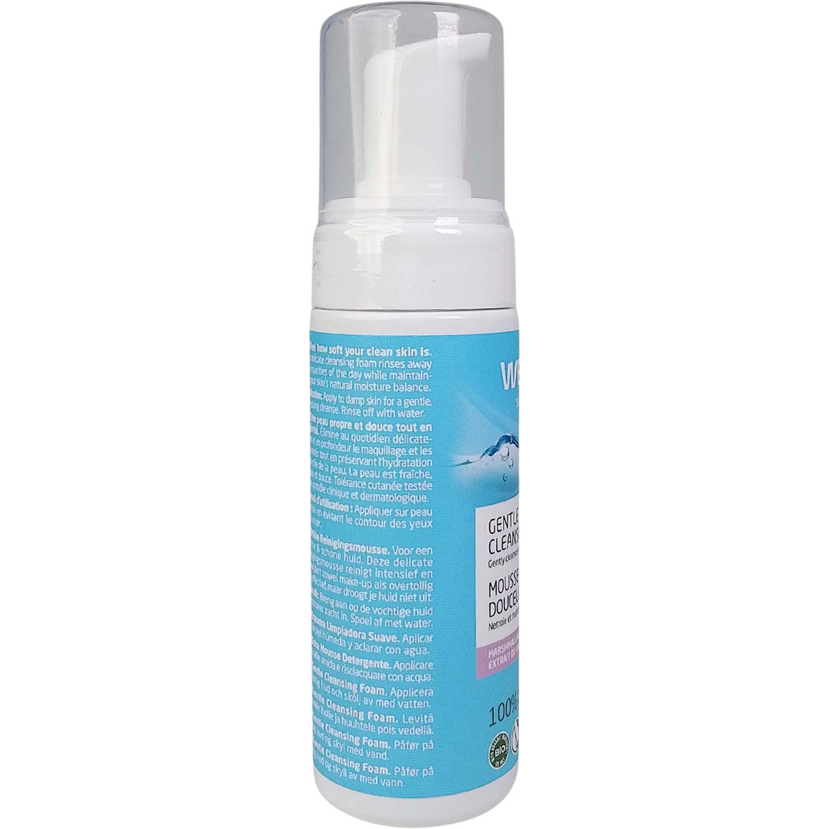 Side view of a Weleda Gentle Cleansing Foam 150ml bottle highlighting product features and a "Vegan" logo.
