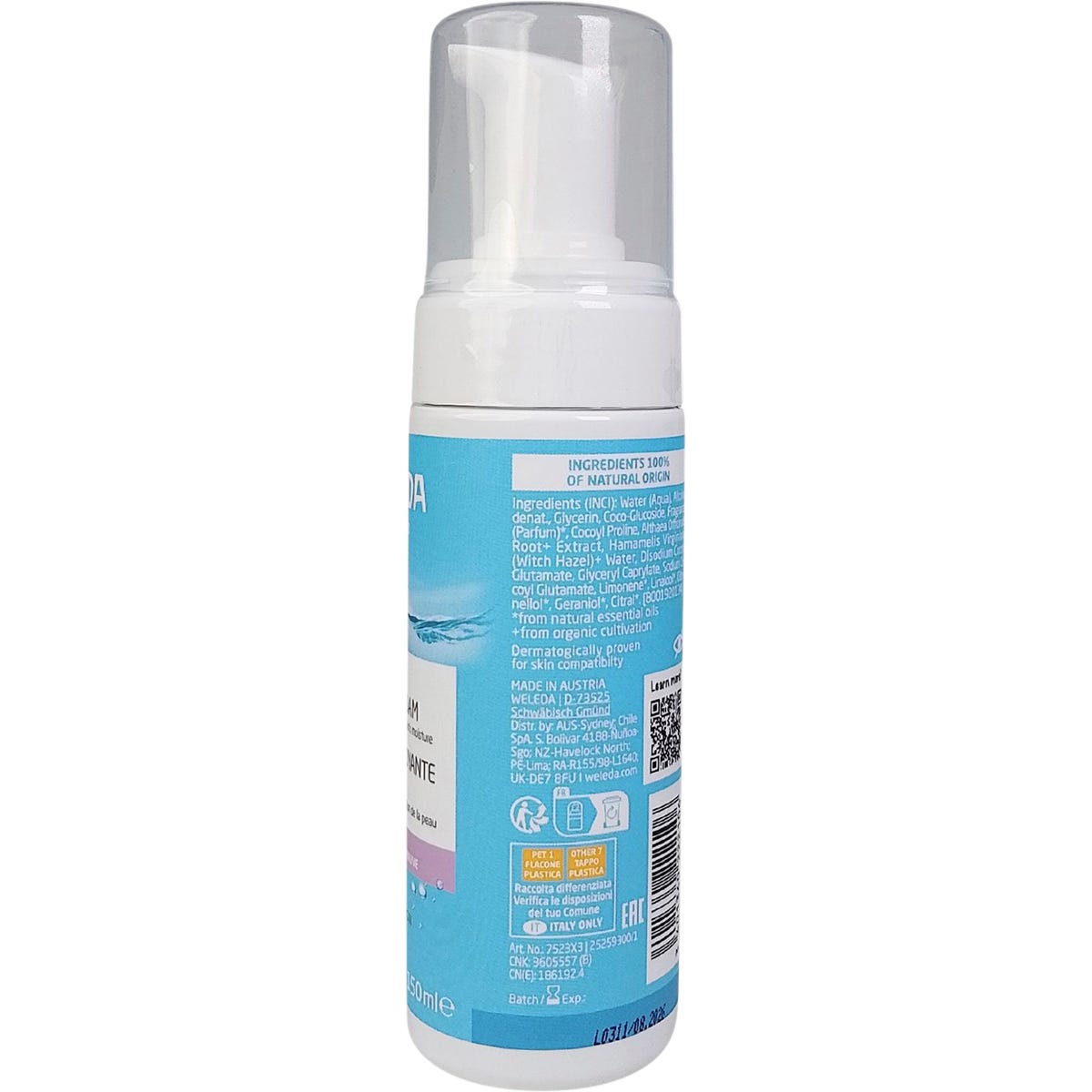 Right side of Weleda Gentle Cleansing Foam 150ml bottle showing product info and a NaTrue certified natural label.