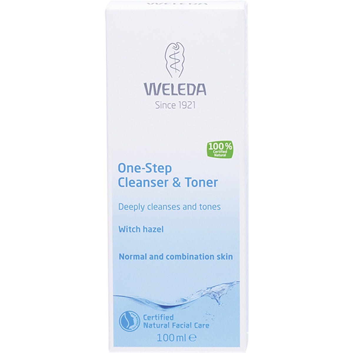 Weleda One-Step Cleanser and Toner 100ml retail box with witch hazel and iris root illustrations on a white background.