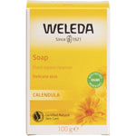 100g box of Weleda Calendula Soap Bar featuring yellow calendula flower illustrations on a white background.