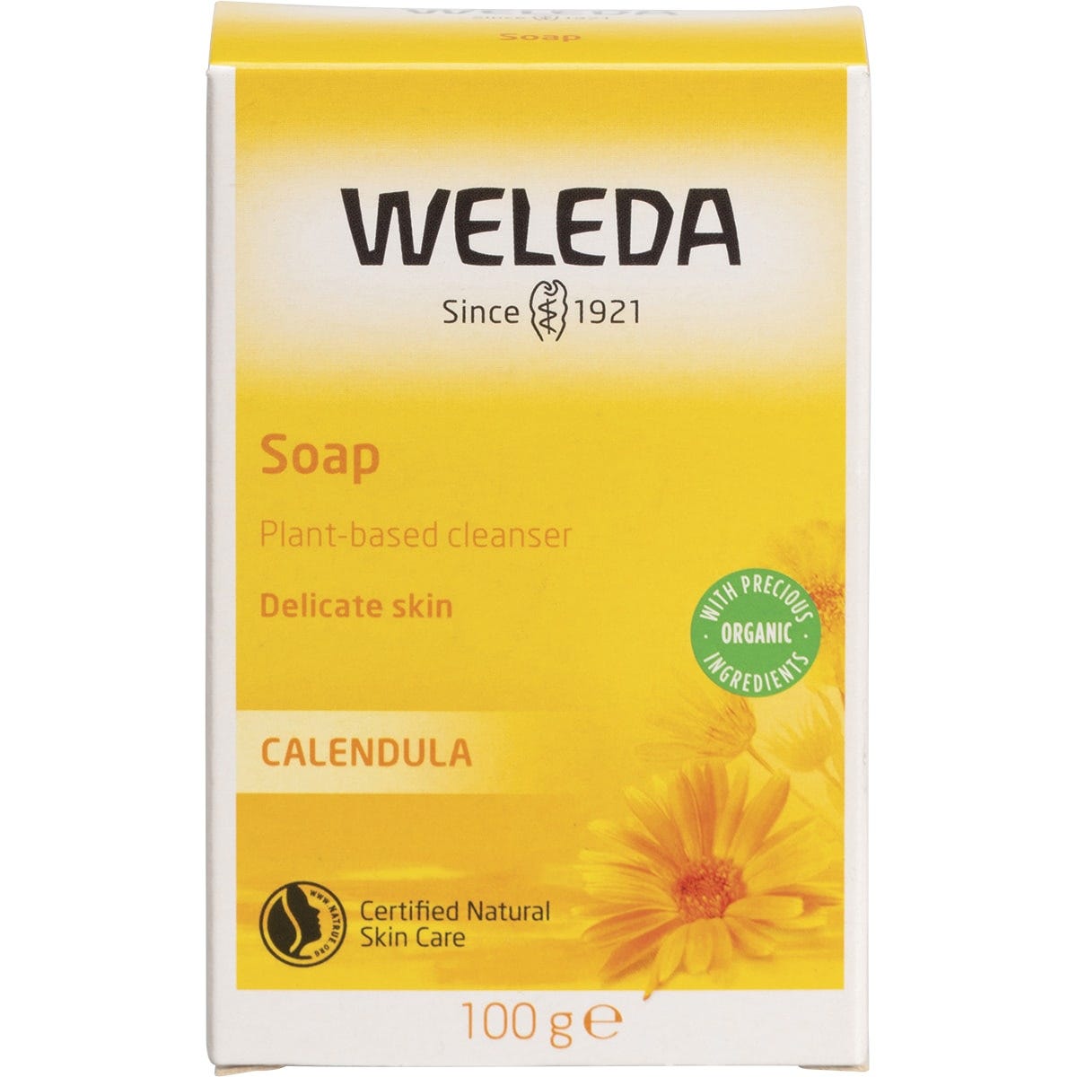 100g box of Weleda Calendula Soap Bar featuring yellow calendula flower illustrations on a white background.