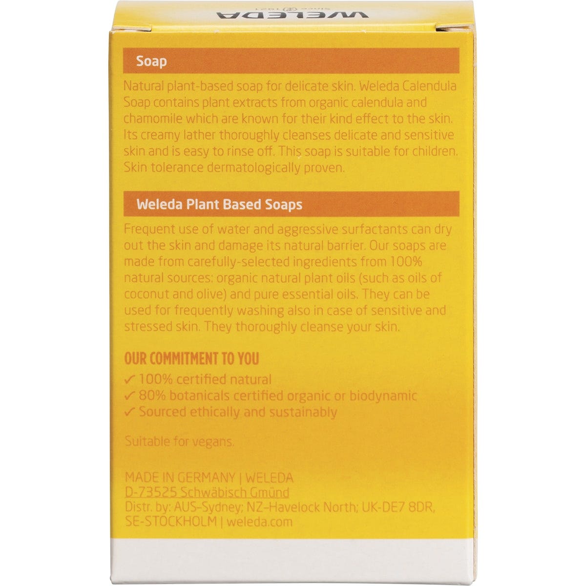 Back of Weleda Calendula Soap 100g box with ingredients, directions, and organic certification.