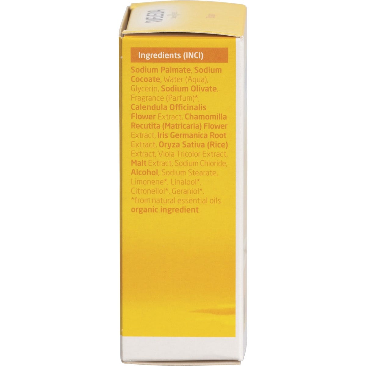 Side view of a Weleda Calendula Soap 100g box highlighting its natural ingredients and gentle cleansing properties.