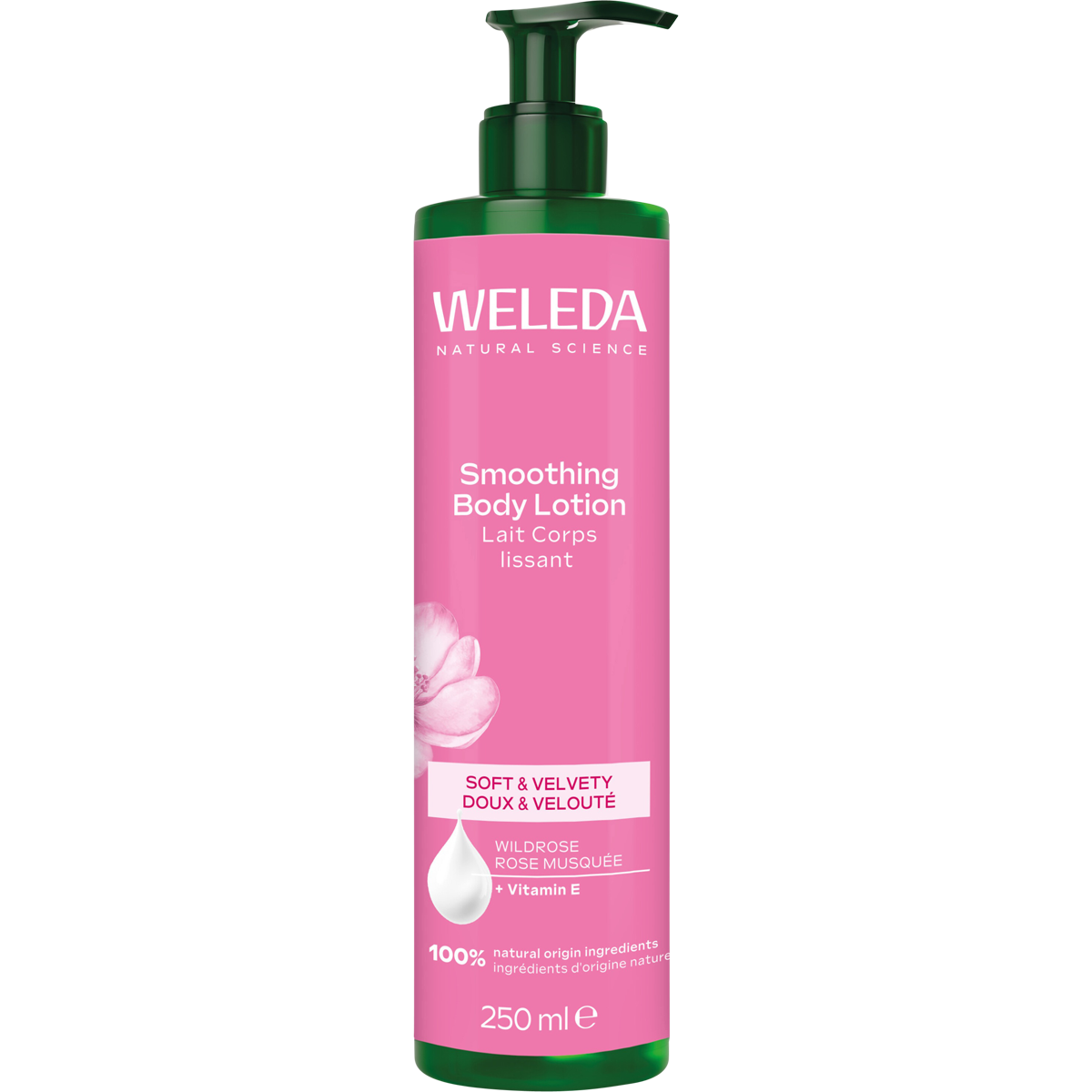 250ml bottle of Weleda Smoothing Body Lotion Wild Rose with a pink label featuring a rose illustration.