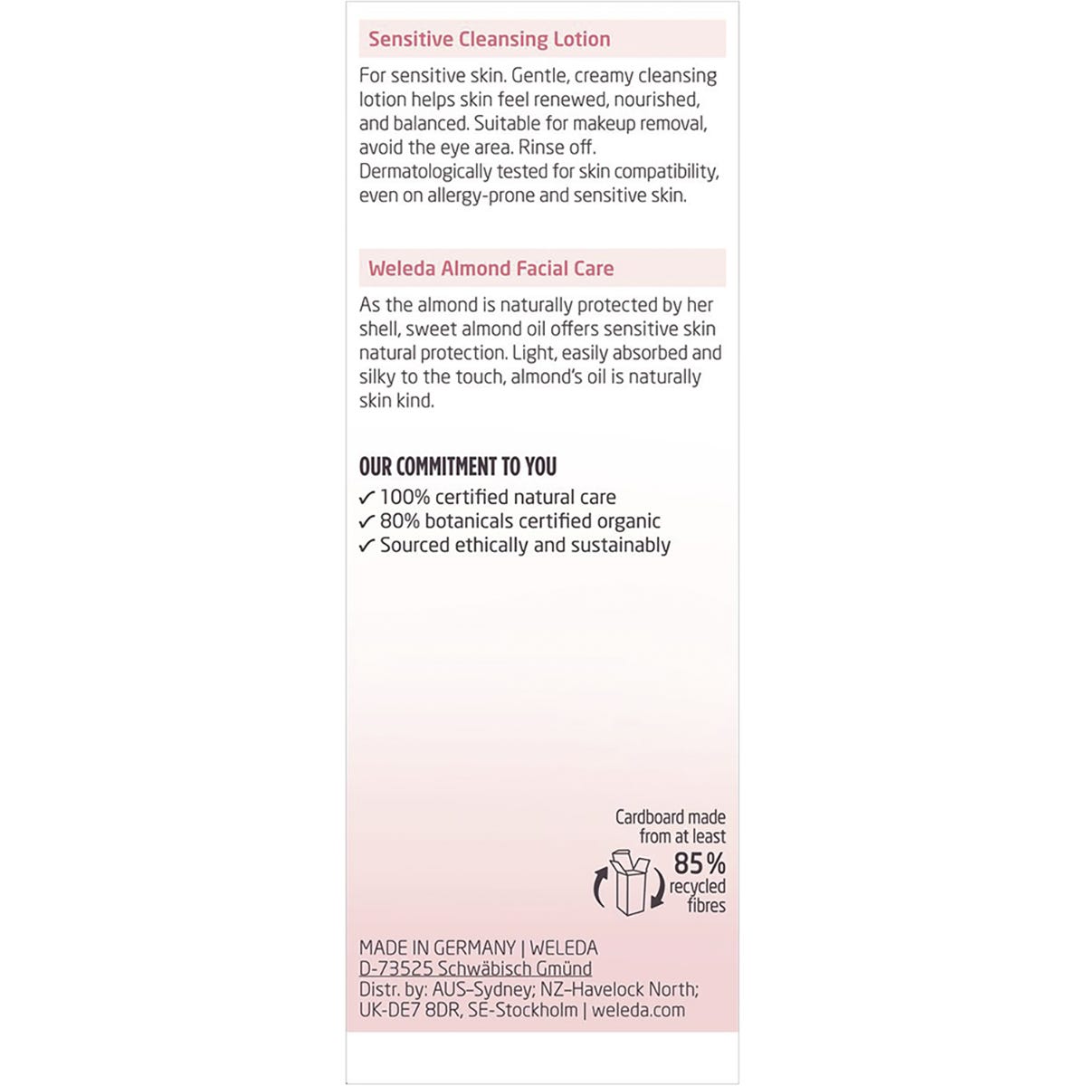 Back of Weleda Sensitive Cleansing Lotion box with ingredients, directions, and NATRUE certification.