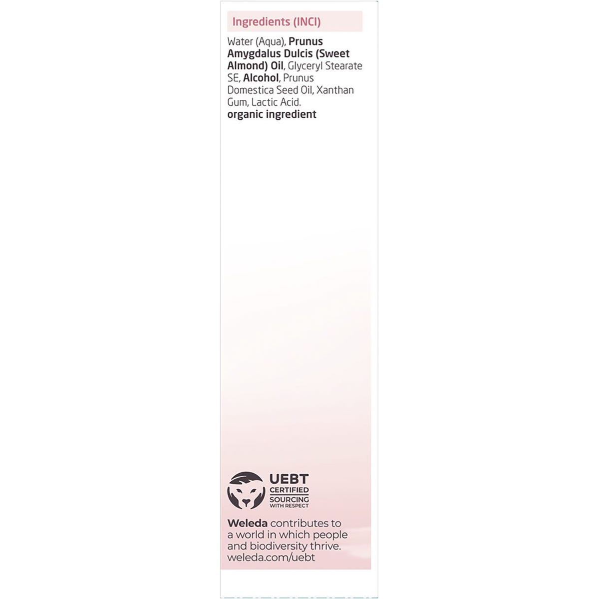 Right side of a Weleda Almond Sensitive Cleansing Lotion box featuring product quality standards and B Corp certification.
