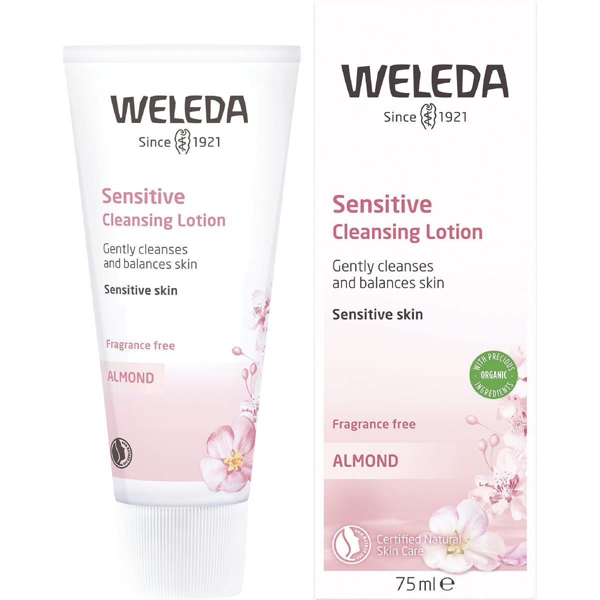 Weleda Sensitive Cleansing Lotion Almond 75ml tube standing next to its matching pink and white product box.