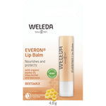 Weleda Everon 4.8g lip balm stick with a yellow cap and orange base featuring organic beeswax and jojoba oil.