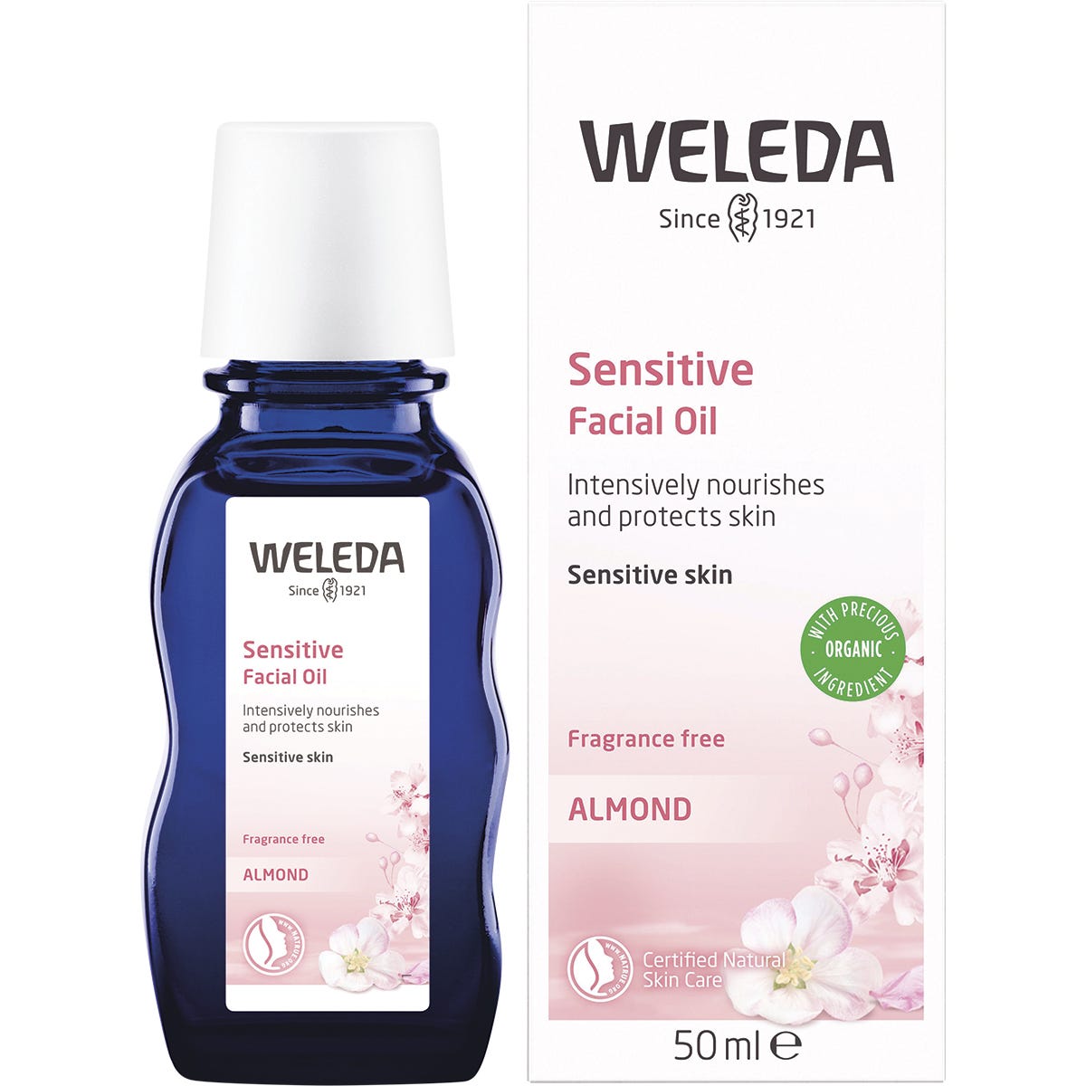 Weleda Sensitive Facial Oil Almond 50ml bottle and packaging box featuring pink and white almond blossoms.