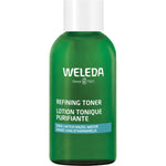 150ml glass bottle of Weleda Refining Toner with a blue and white label on a white background.