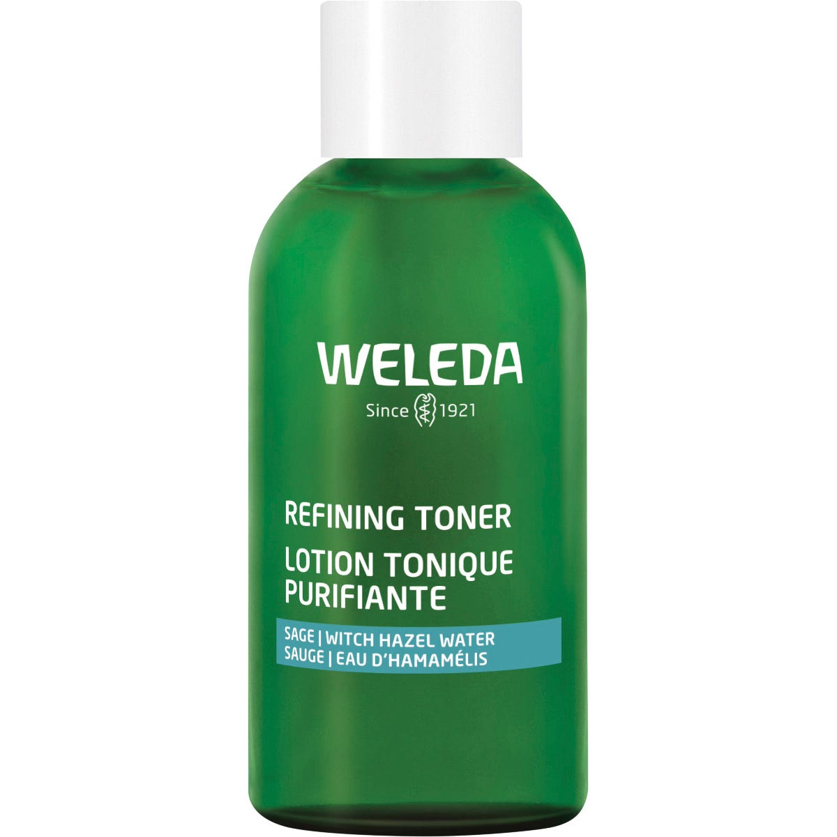 150ml glass bottle of Weleda Refining Toner with a blue and white label on a white background.