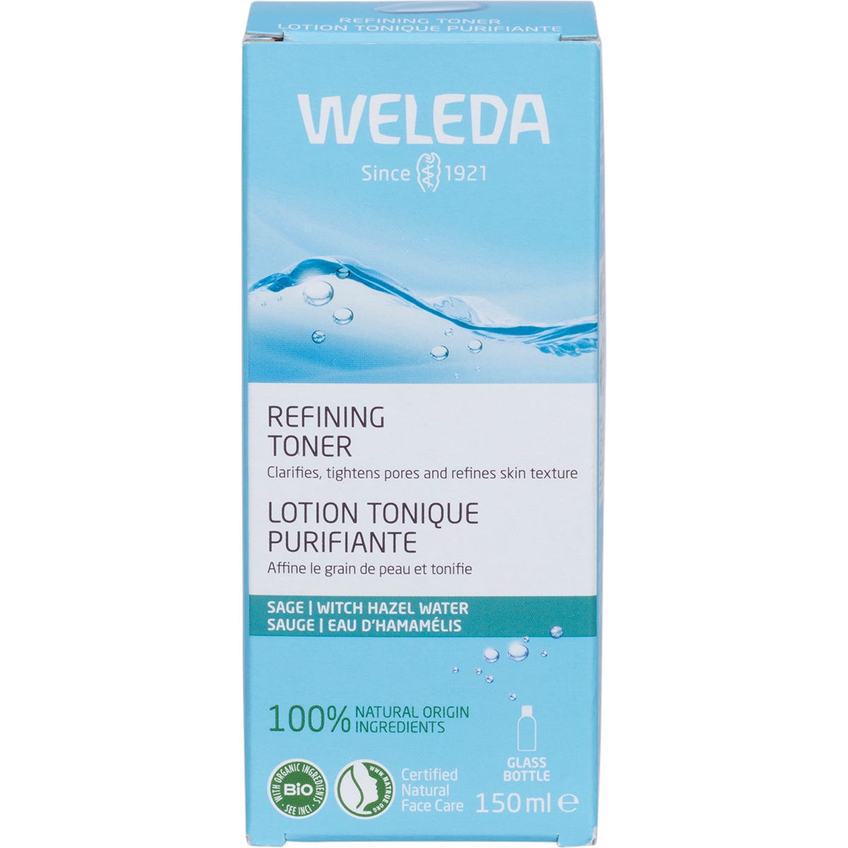 Weleda Refining Toner 150ml retail box with witch hazel and wild rose illustrations on a white background.