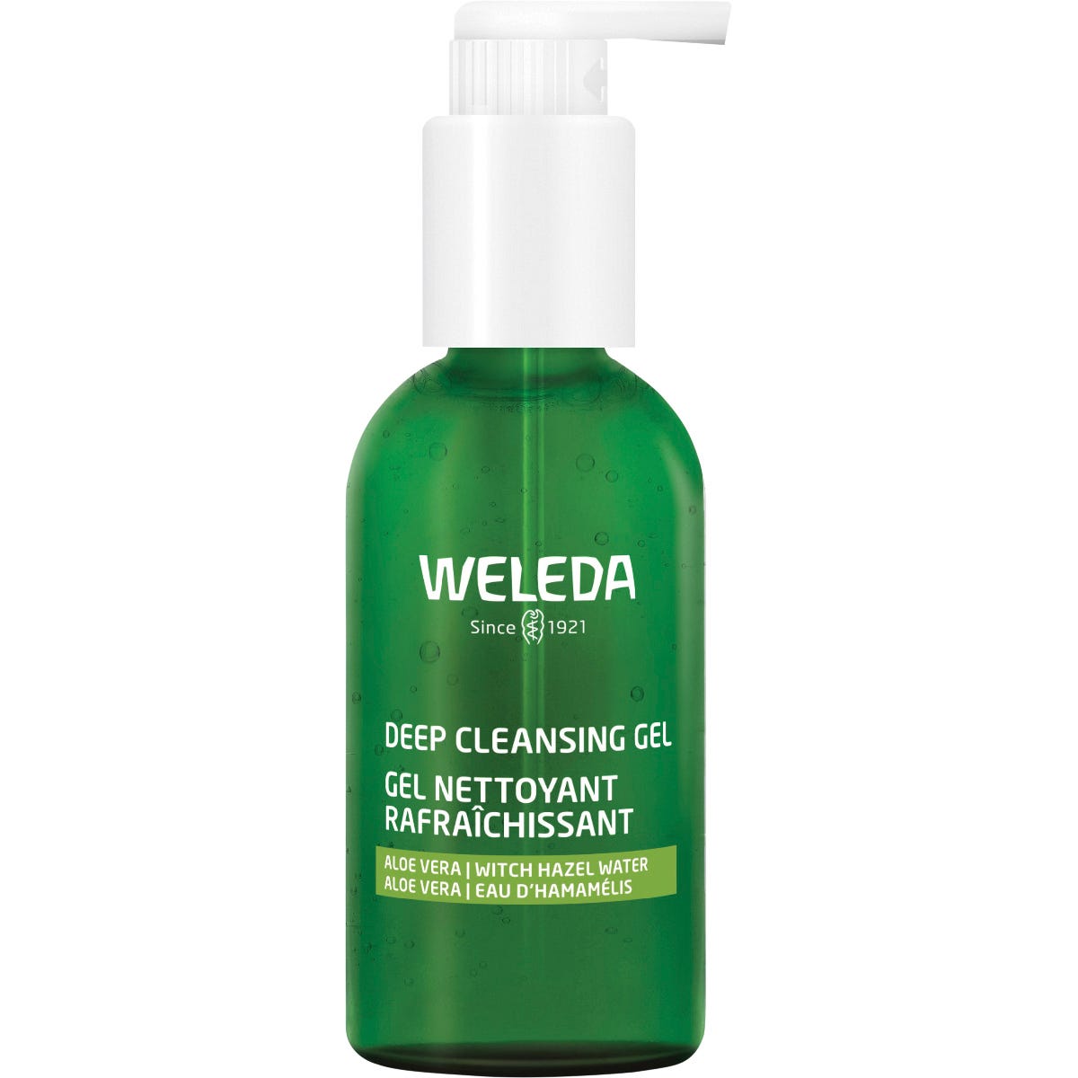 Weleda Deep Cleansing Gel 150ml pump bottle with aloe vera and witch hazel on a white background.