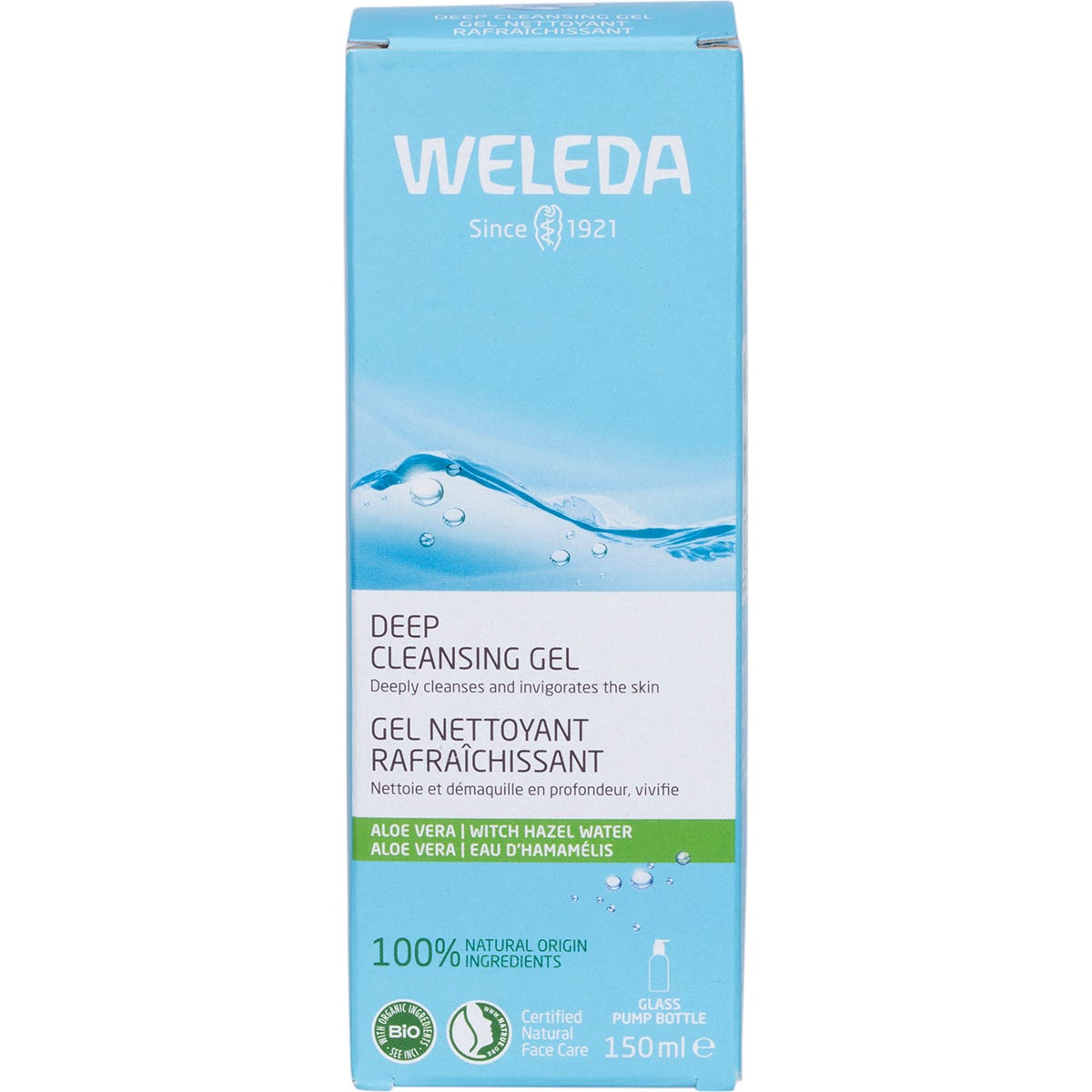 Green and white box of Weleda Deep Cleansing Gel 150ml with aloe vera and witch hazel on a white background.
