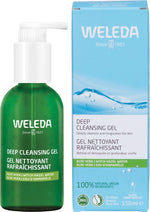 Weleda Deep Cleansing Gel 150ml pump bottle next to its green and white cardboard box on a white background.