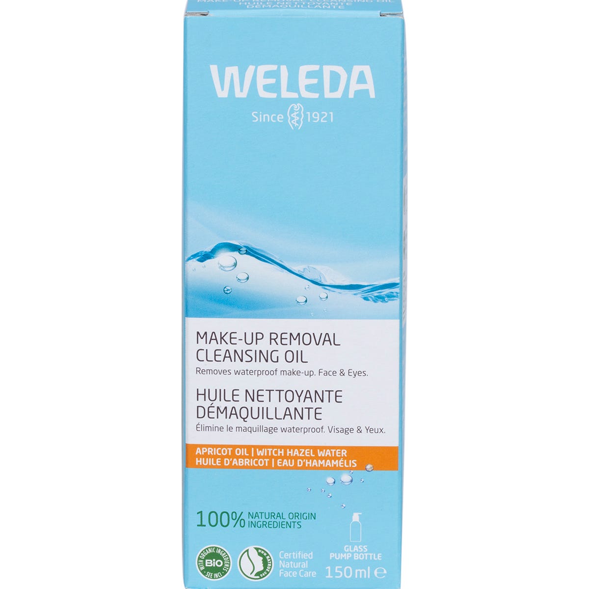 Weleda Makeup Removal Cleansing Oil 150ml retail box featuring apricot and witch hazel illustrations.