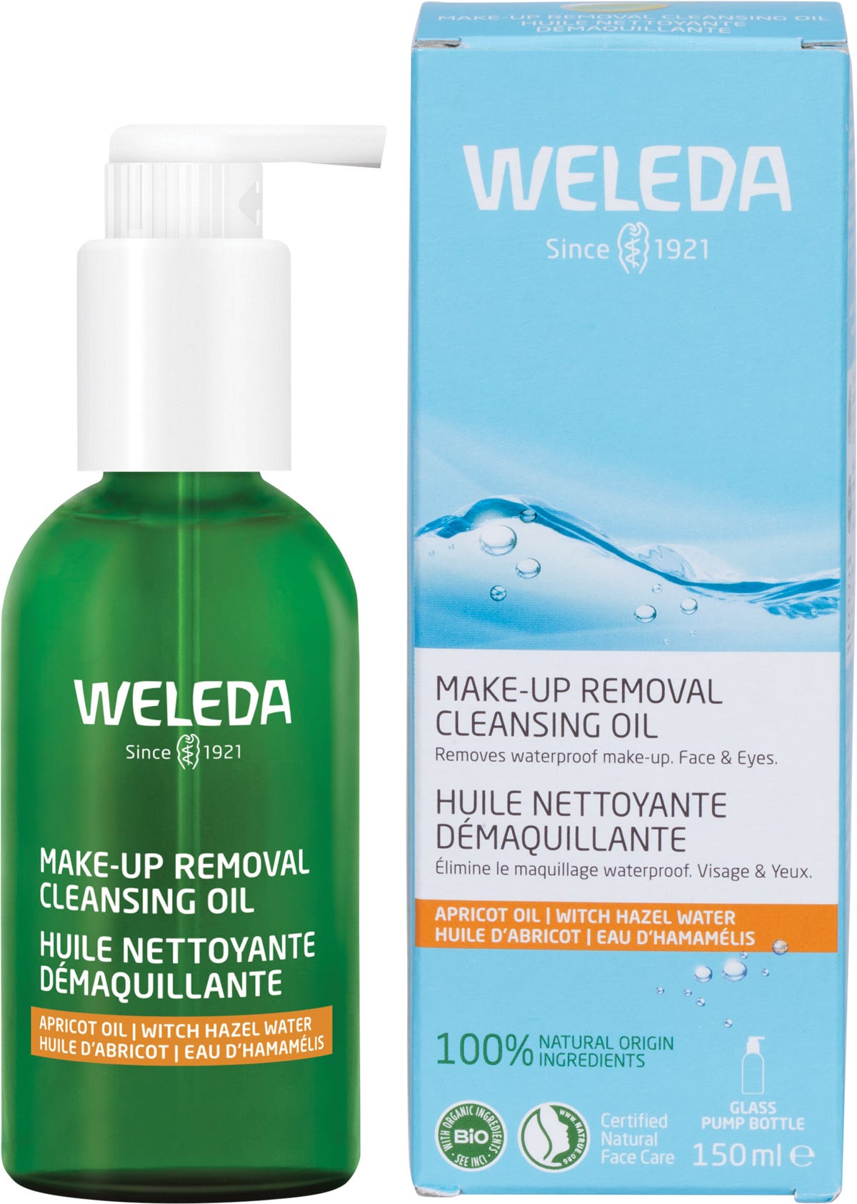 Weleda Makeup Removal Cleansing Oil 150ml bottle and box featuring apricot and witch hazel illustrations.