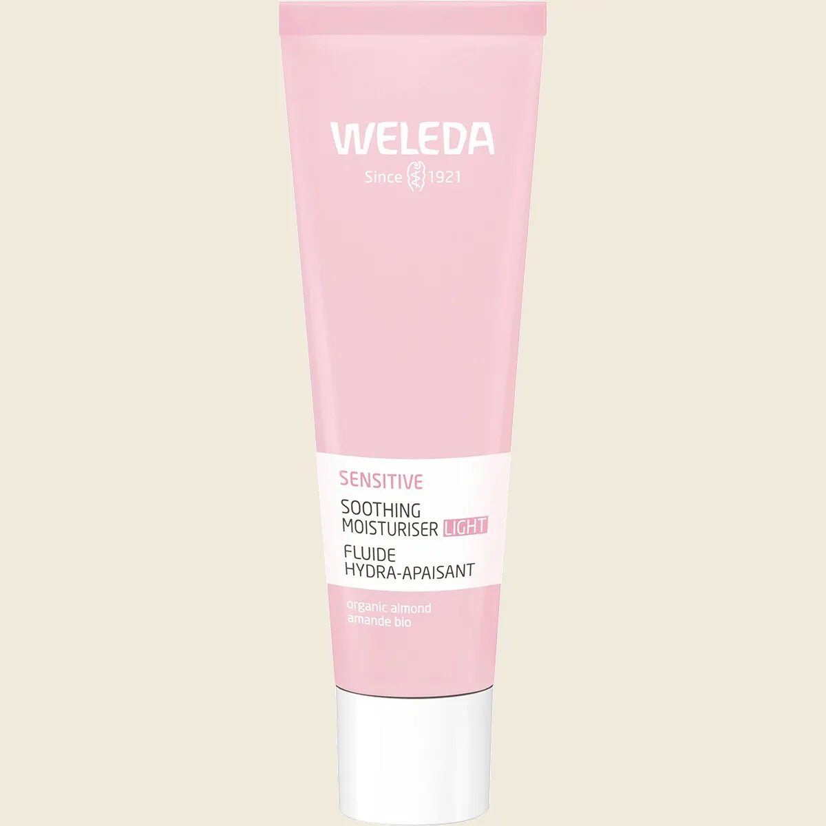 30ml tube of Weleda Sensitive Soothing Moisturiser Light featuring almond and plum kernel oil illustrations.