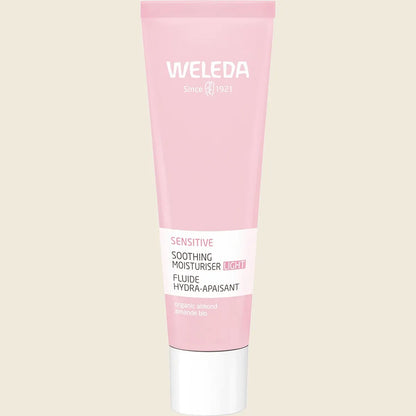30ml tube of Weleda Sensitive Soothing Moisturiser Light featuring almond and plum kernel oil illustrations.